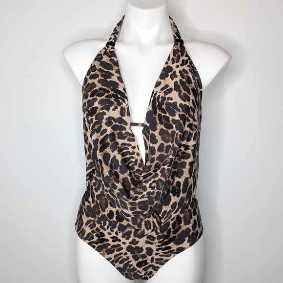 NWT Bar III black brown scoop keyhole neck cheetah print one piece swimsuit L - Picture 1 of 12